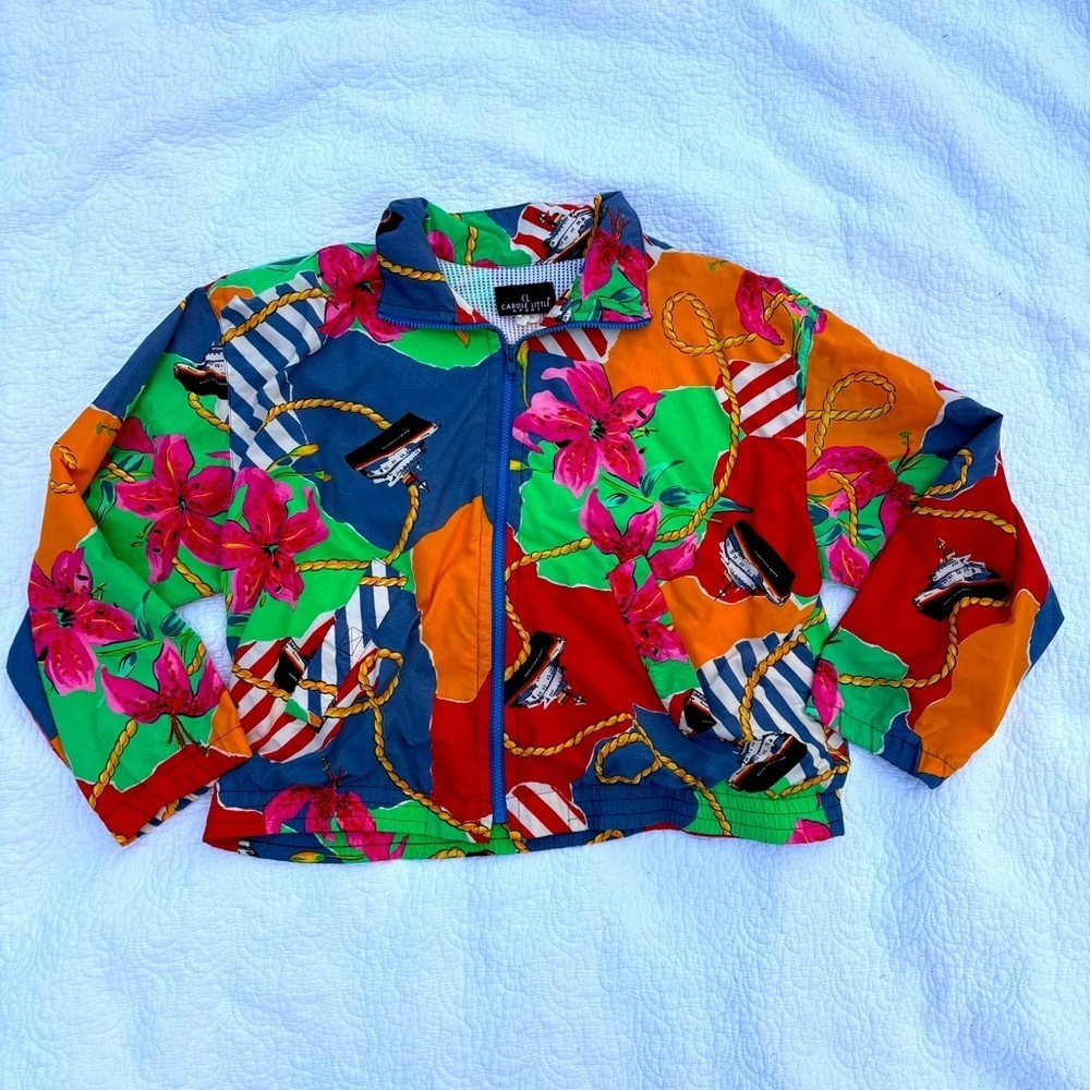 ❤️ Carole Little Sport Vintage 80s 90s Colorful Nautical Windbreaker Jacket S